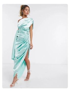 YAURA Mint Satin One-Shoulder Ruched Gown